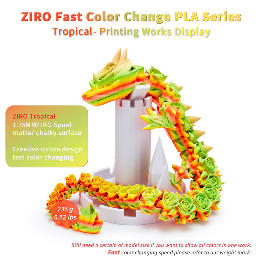 ZIRO 3D Printer Filament, Faster Color Change Filament 1.75mm, Color Gradient Material, No-Shine Rainbow PLA, Dimensional Accuracy +/- 0.03mm, Fit Most FDM Printer 1KG Spool, Tropical (Matte)