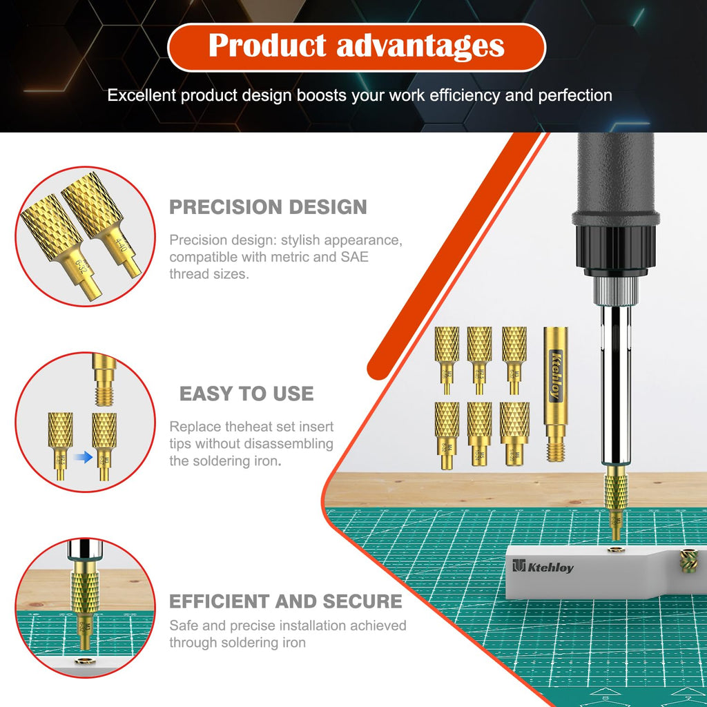 Ktehloy 513 Metric Threaded Inserts with Heat Set Insert Tips, M2 M2.5 M3 M4 M5 M6 Female Thread Knurled Nuts Assortment Kit, for Plastic and 3D Printing Components