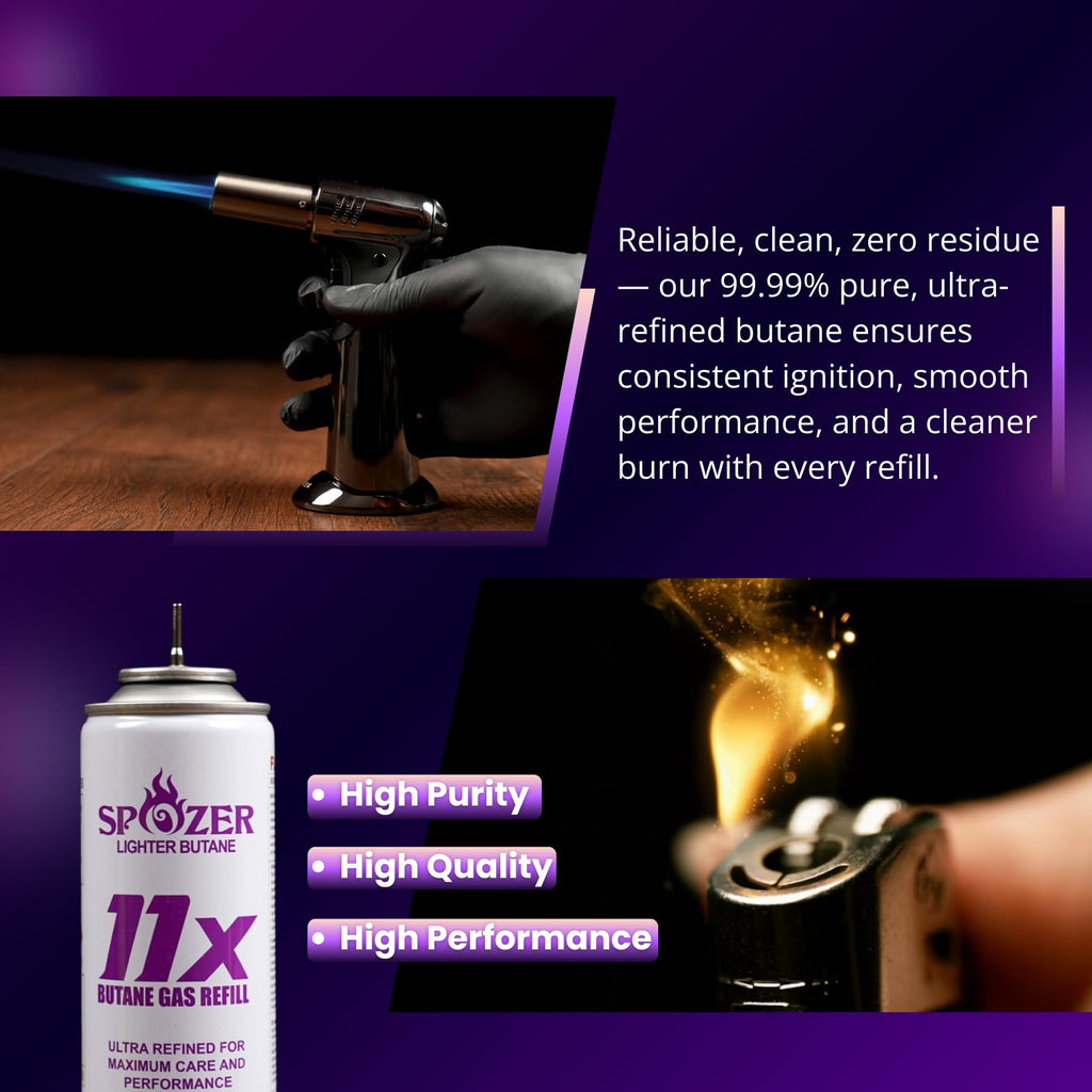 SPOZER 11X Premium Butane Fuel Refill, Universal 99.99% Ultra Pure Butane Gas for Torch Lighters, 300ml(10.14 FL.Oz) Cans, 2 Display Box(Pack of 24)