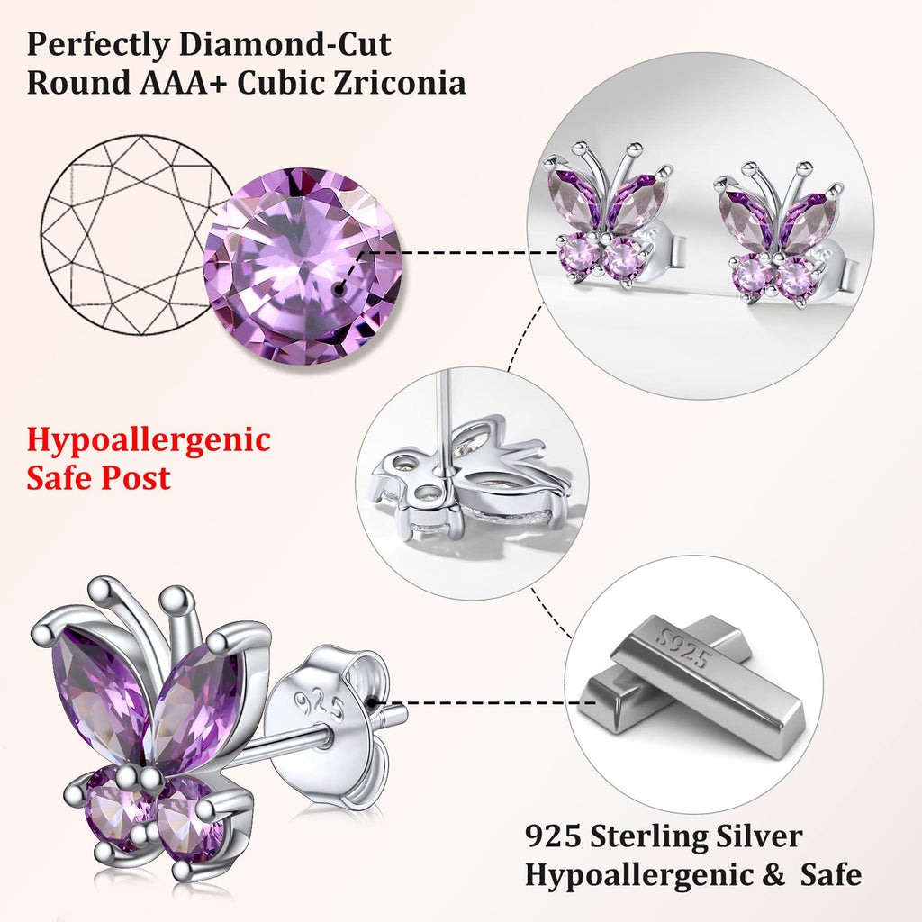 Bestyle Butterfly Earrings for Women Sterling Silver June Birthstone Alexandrite Butterflies Stud Earring Funny Cute Cubic Zirconia Earring Jewelry Mom Wife Grandma Daughter Birthday Gifts