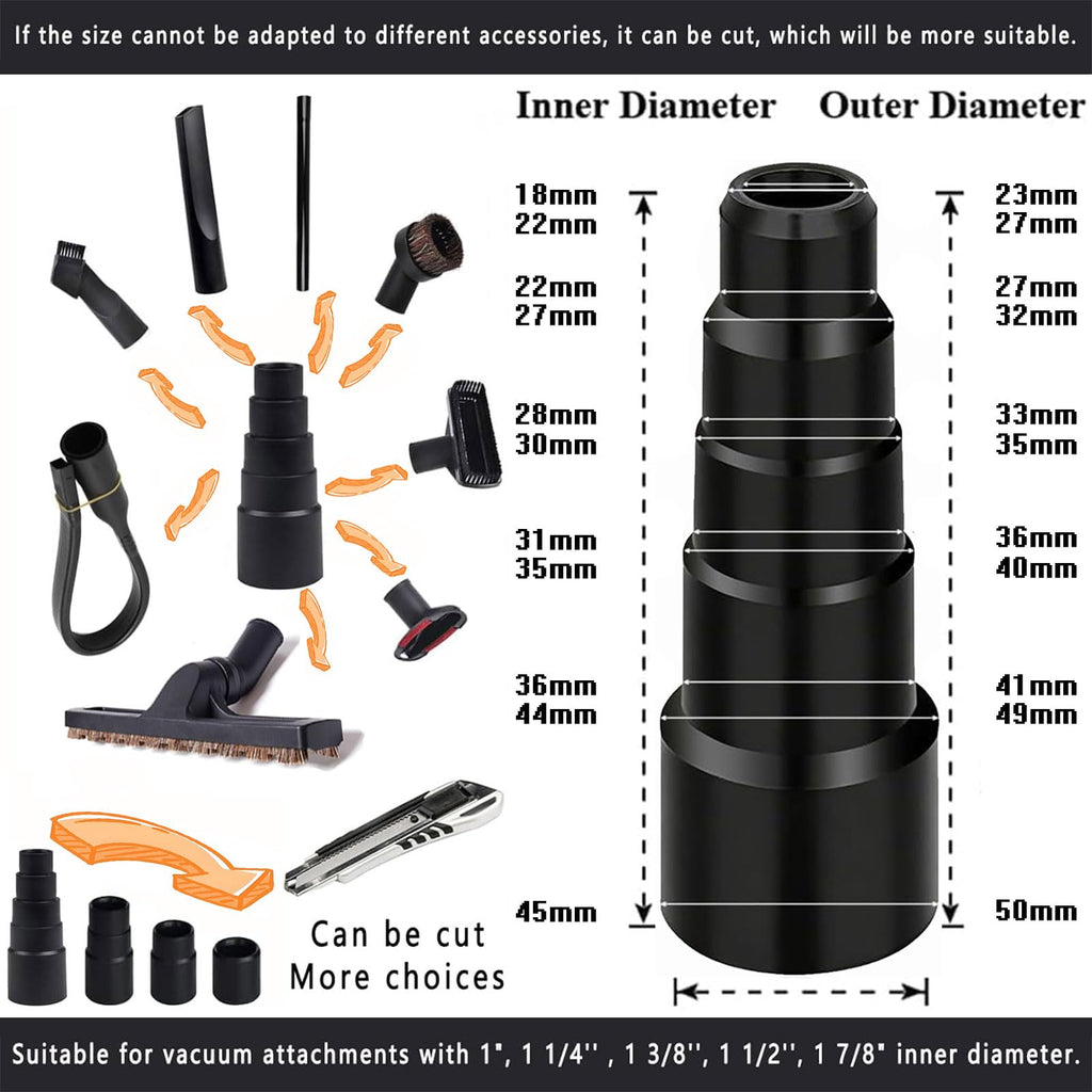 14Pcs Universal Vacuum Attachment Professional Shop Vac Accessories Wet Dry Vacuum Hose Adapter with Hair Brush Extension Wand Flexible Crevice Tool fit 2 1/2" to 1 1/4" and 1 7/8" to 1" Vacuum Hose