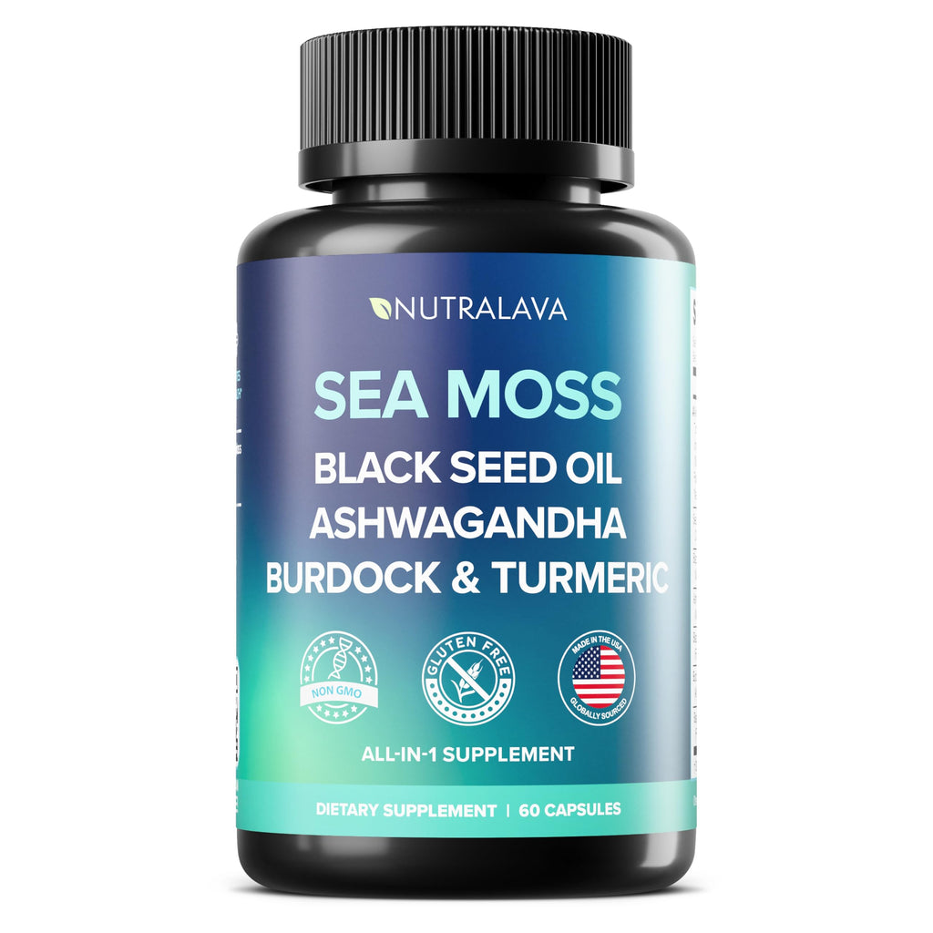 NUTRALAVA Sea Moss Capsules - Irish Sea Moss Black Seed Oil Ashwagandha - Immune Thyroid Joint & Gut Support - Gluten-Free Non-GMO GMP - 60 Count