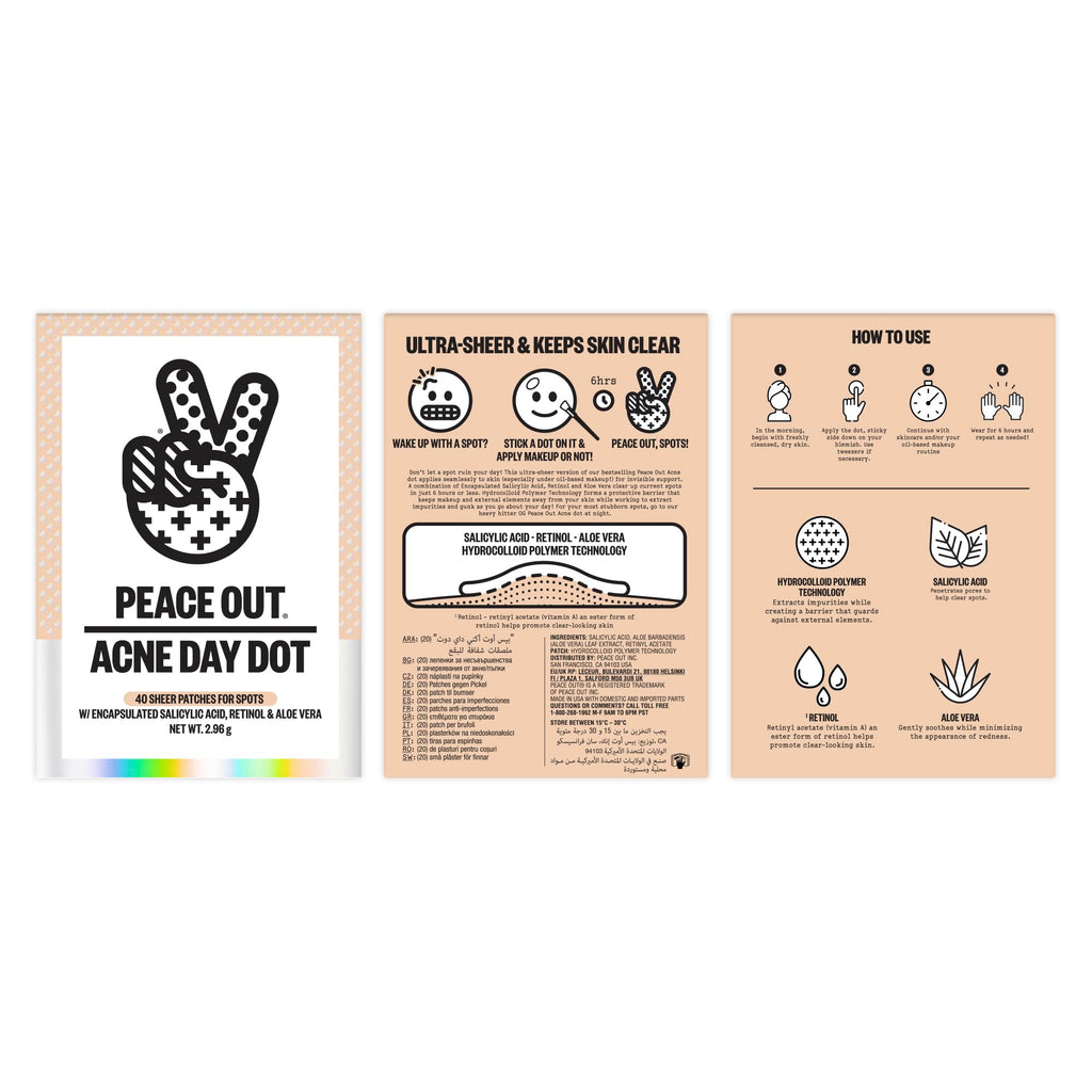 PEACE OUT Acne Day Dot Sheer Hydrocolloid Pimple Patches, Invisible Acne Spot Patches with Encapsulated Salicylic Acid, Retinol, and Aloe Vera, 40 Dots