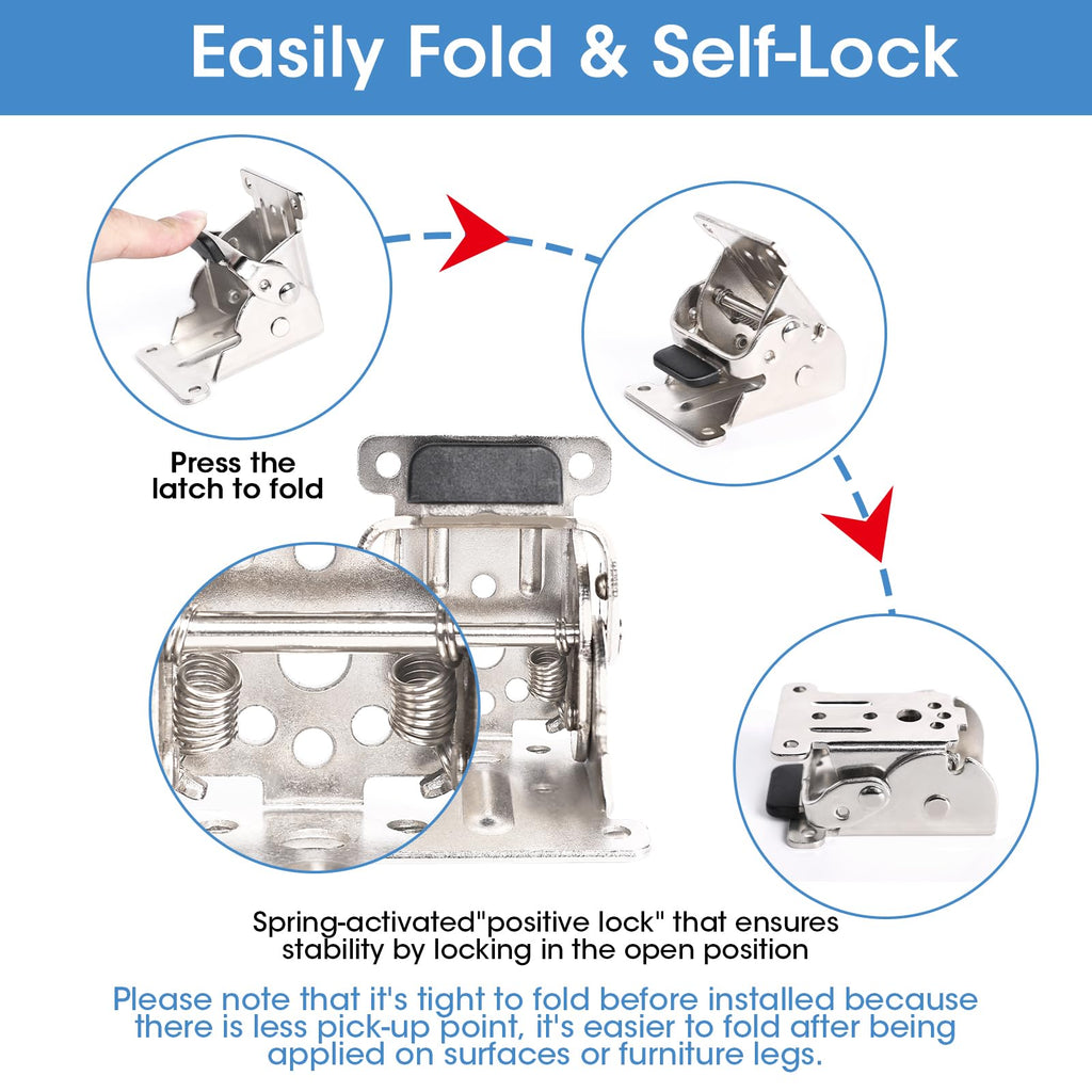 4 Pack Locking Hinge for Folding Leg Brackets,Heavy Duty Folding Brackets 90 Degree Self Locking Folding Hinge for Table Legs Furniture（Silver）