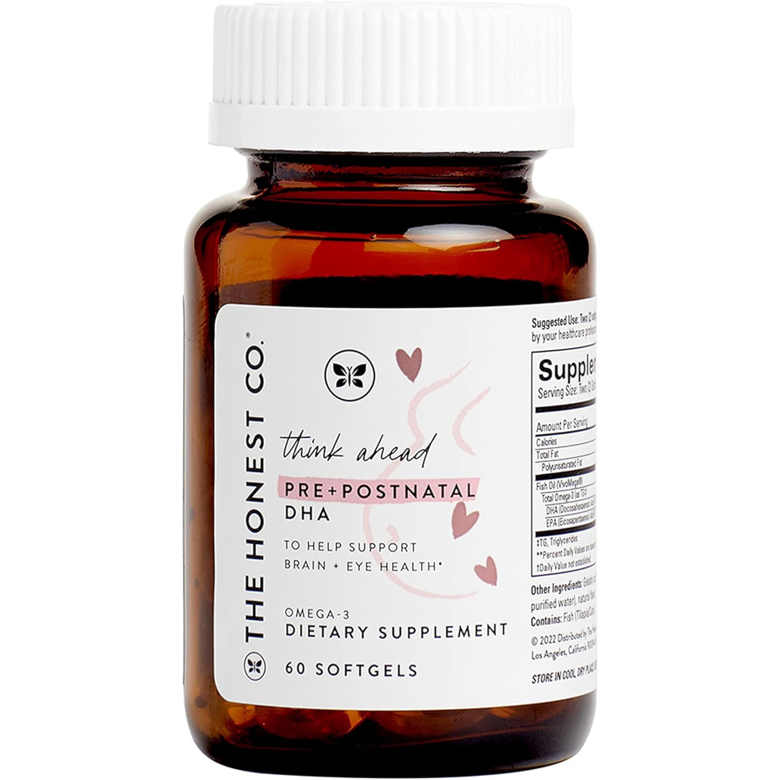 The Honest Company Think Ahead Pre Postnatal DHA Supplement, NSF Certified Non GMO Multivitamin, 60 Count Softgels