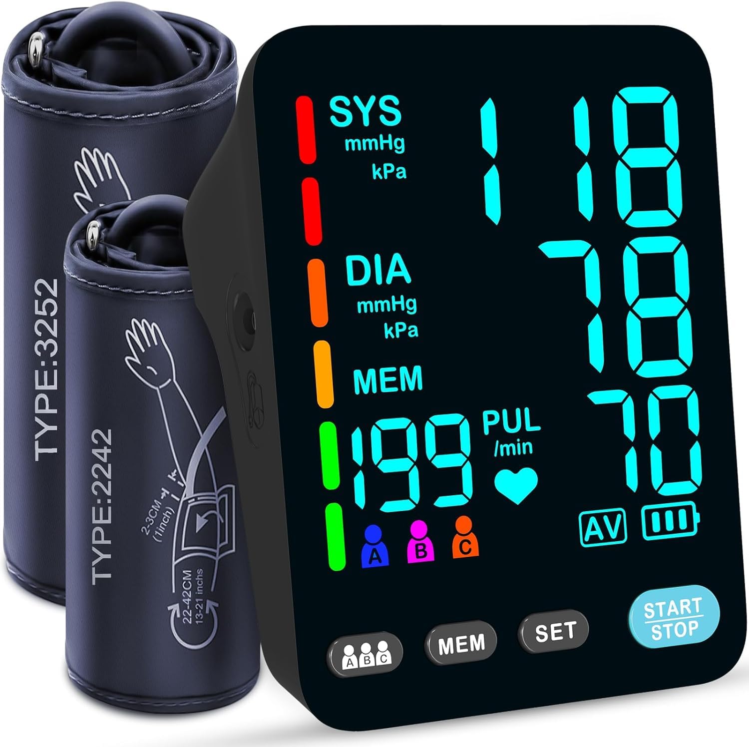 YONLO Blood Pressure Monitor, Automatic Upper Arm Blood Pressure Monitors for Home Use, 2 Blood Pressure Machine Cuff(9-17in & 13-21in) with Large LED Backlit Display, 3x199 Reading Memory Users Black
