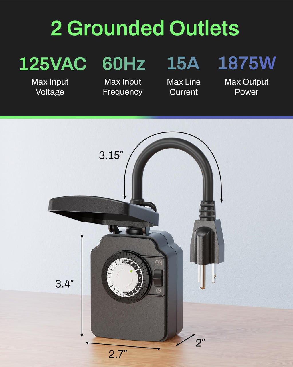 BN-LINK Outdoor 24-Hour Mechanical Timer Outlet, 1 Grounded Outlet, 2 Pack