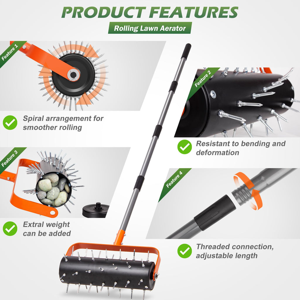 Walensee Rolling Lawn Aerator, Heavy Duty Manual Aerator with 42 Spikes