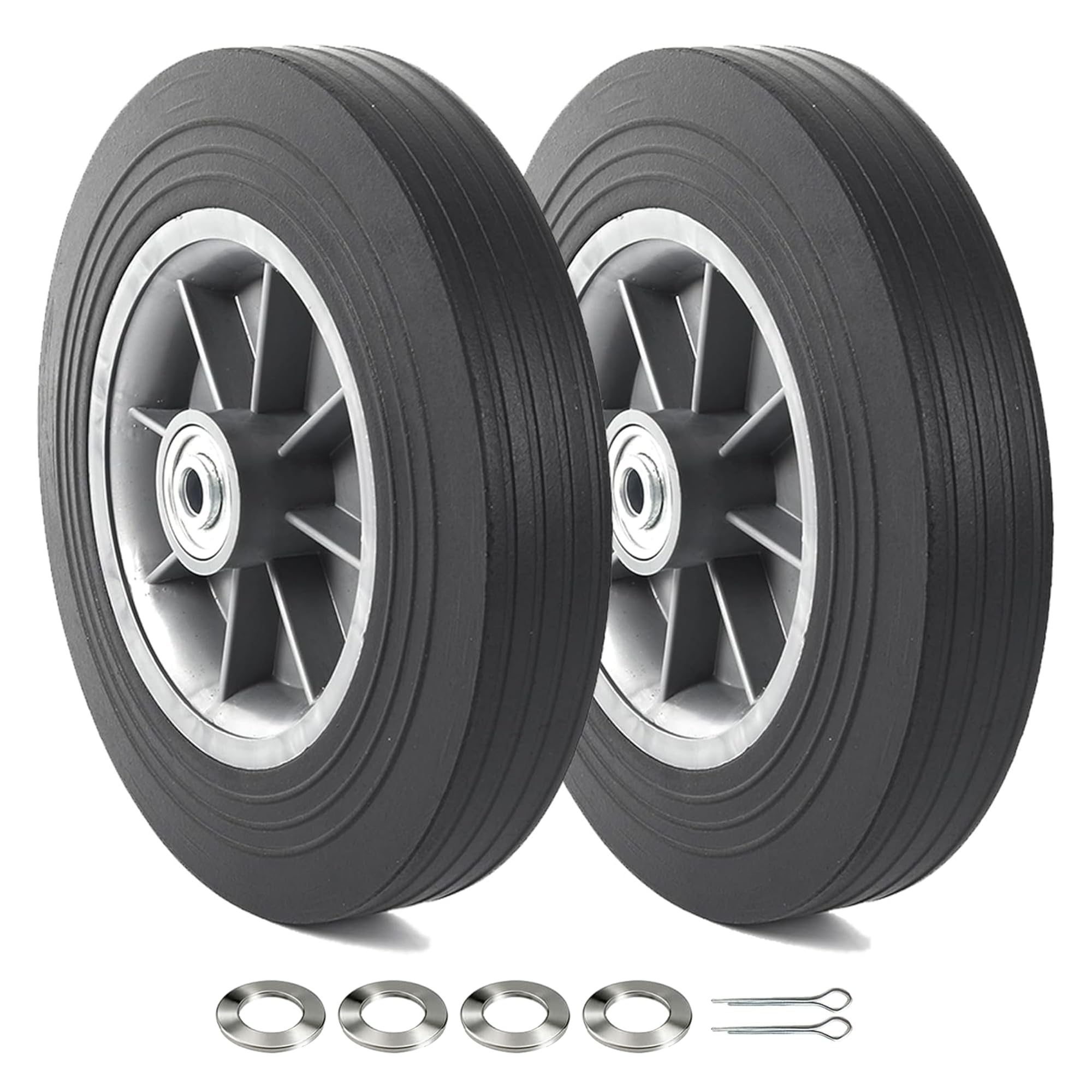 AR-PRO (2-Pack) 10'' x 2'' Flat Free Solid Rubber Tire and Wheel, 3/4" & 5/8" & 1/2" Axles Bore Hole with 2.23" Offset Hub, Replacement 10 Inche Wheel for Dolly Hand Trucks and Wheelbarrows