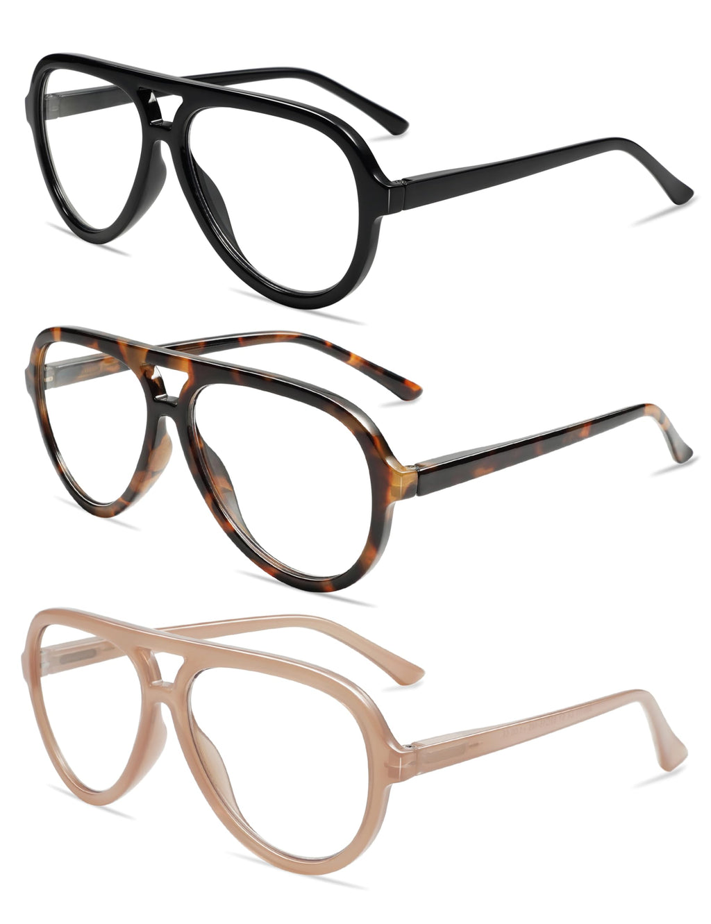 AMOMOMA 3 Pack Retro Aviator Reading Glasses for Women Men,Classic Large Oversized Reader Blue Light Computer Frame AM6111 C1+C2+C4 0.0X