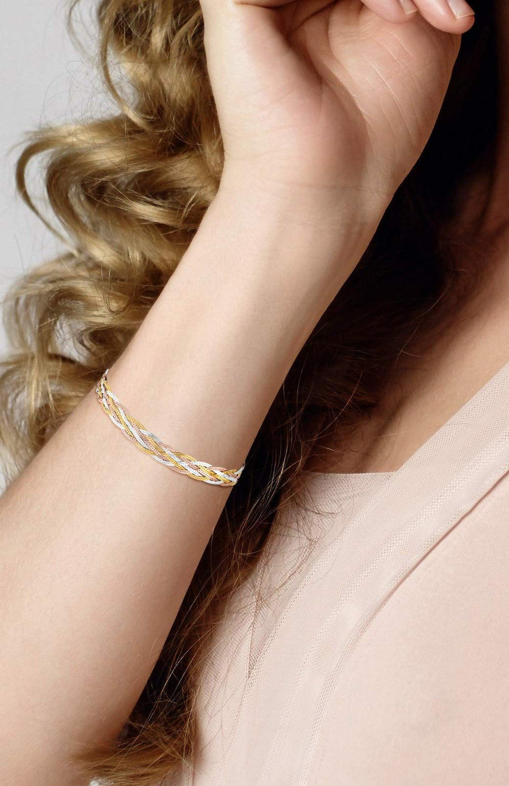 Miabella Italian 925 Sterling Silver, Tri-Color 18K Gold Plated 6-Strand Diamond-Cut 7mm Braided Herringbone Chain Bracelet for Women, Made in Italy (Tri-Color, Length 6.5 Inch)