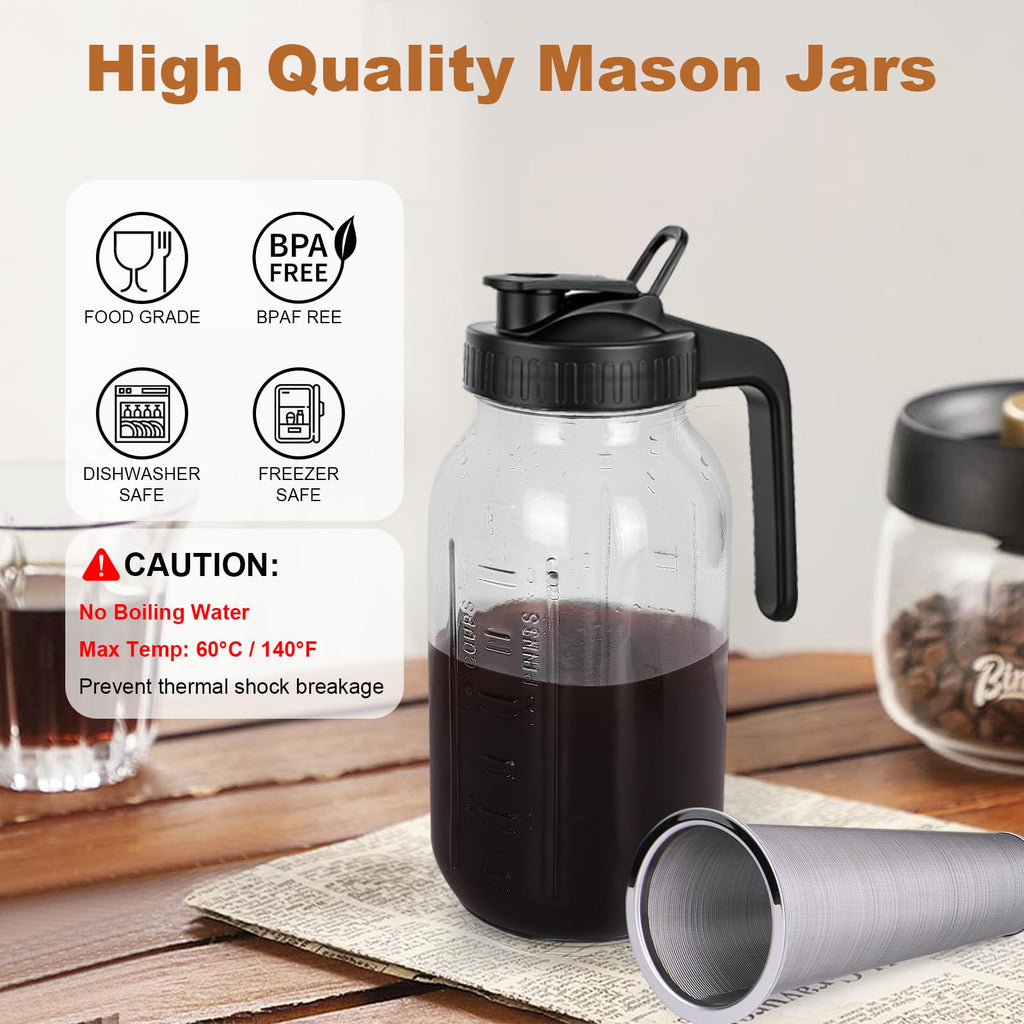 QHH Cold Brew Coffee Maker, 64 oz Mason Jar Pitcher with Stainless Steel Filter, Pour Spout Handle Lid, Airtight & Leak-Proof for Iced Coffee,Tea & Lemonade