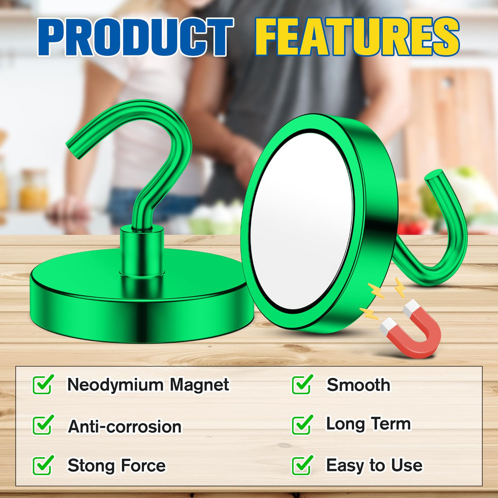Grtard 2 Pack Magnetic Hooks Heavy Duty, 120LBS Neodymium Magnet Hooks for Cruise Cabin, Strong Magnetic Hooks for Hanging, Magnets with Hooks for Home, Kitchen, Workplace, Bathroom(Green)