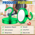 Grtard 2 Pack Magnetic Hooks Heavy Duty, 120LBS Neodymium Magnet Hooks for Cruise Cabin, Strong Magnetic Hooks for Hanging, Magnets with Hooks for Home, Kitchen, Workplace, Bathroom(Green)