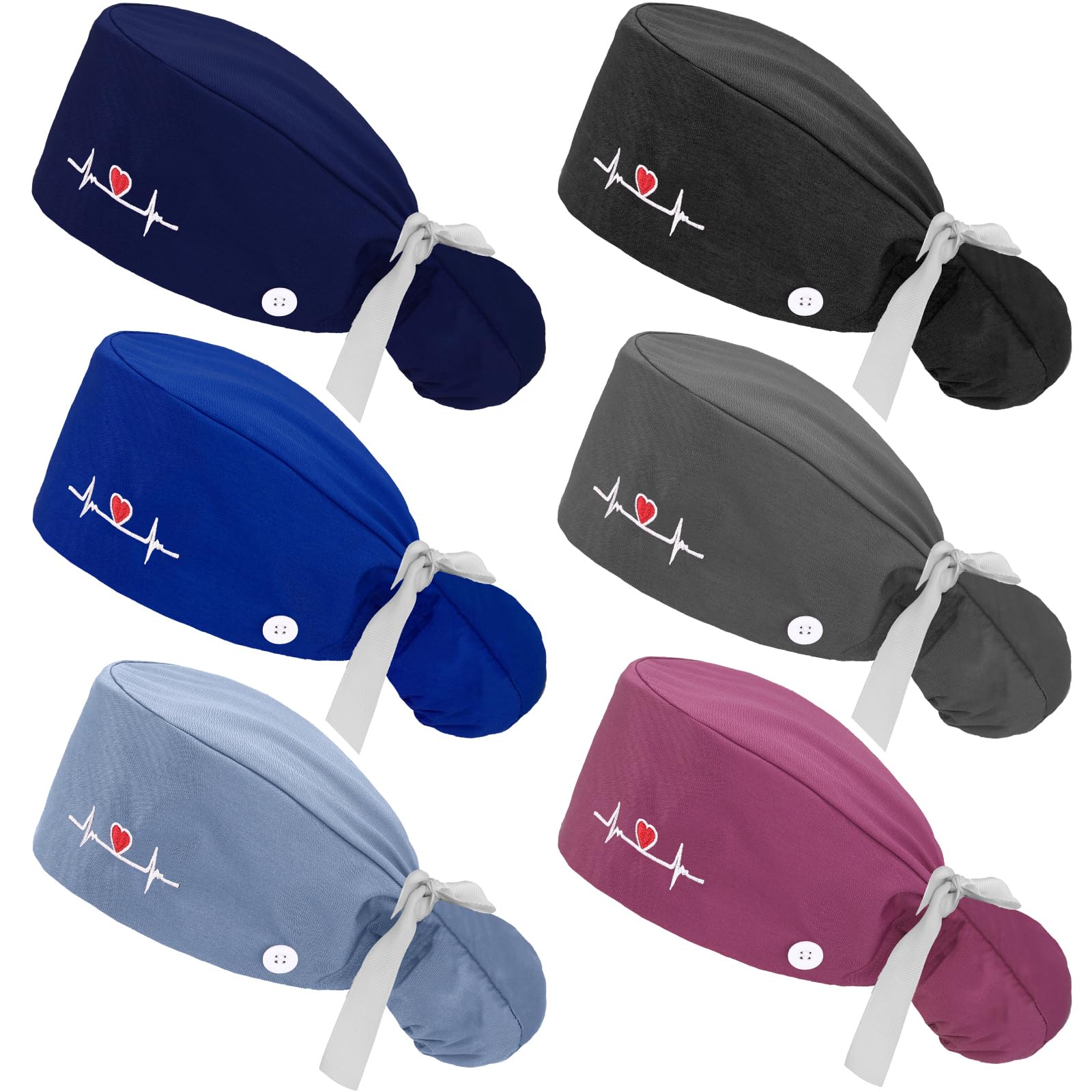 Honoson 6 Pcs Scrub Caps for Women with Buttons, Adjustable Bouffant Surgical Caps with Ponytail Holder, Cotton Nurse Hats(Classic Color,Classic)