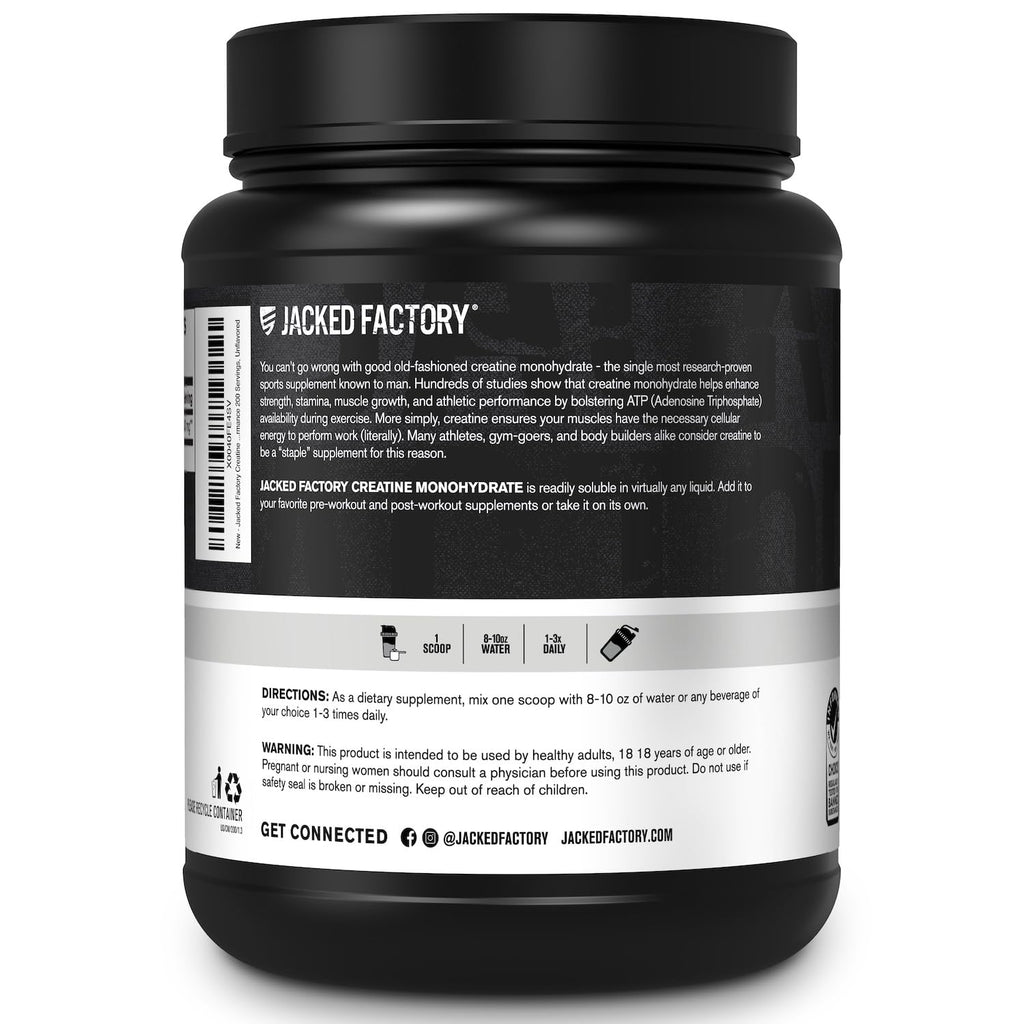 Jacked Factory Creatine Monohydrate Powder 1000g - 5g Daily Creatine Supplement for Men and Women, Vegan-Friendly, Third-Party Tested - 200 Servings, Unflavored