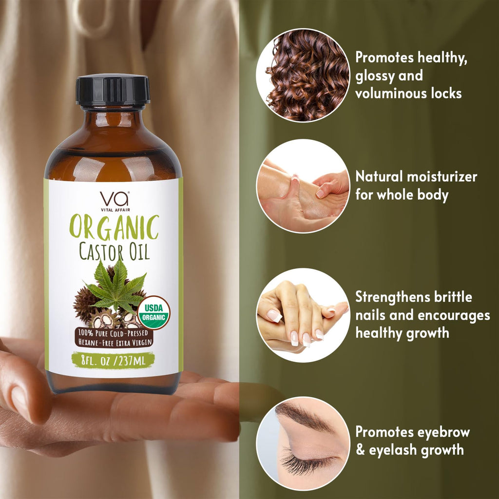 VITAL AFFAIR Castor Oil Organic Cold Pressed Unrefined Glass Bottle - USDA Certified Castor Oil For Hair Growth, Skin, Eyelashes, Eyebrows & Nails - 8 Fl Oz