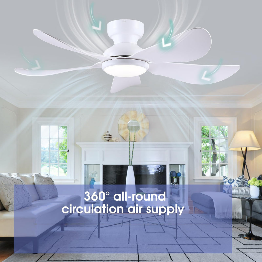 Kviflon 46 Inch Modern Ceiling Fans with Lights, Flush Mount Ceiling Fan with Light and Remote/APP Control, 5 Reversible 6 Speeds Curved Blades, 3 CCT Dimmable Lights for Bedroom, White