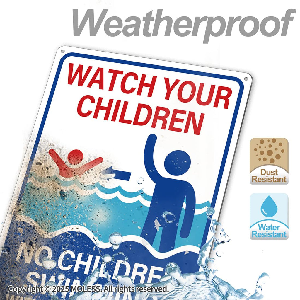 MOLESS 2 Pack Pool Safety Signs Bundle – 14x10 Inch Pool Signs for Outside Outdoor Decor, Watch Your Children & Swim at Your Own Risk, Durable 0.040 Aluminum Weatherproof, Easy to Mount, PSP-2403