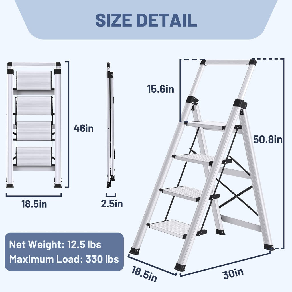 XinSunho 4 Step Ladder, Aluminum Folding Stool with Retractable Handgrip