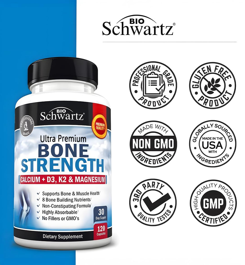 BioSchwartz Bone Strength Supplement - Gentle Non-Constipating Bone Health Supplement for Women & Men with 9-in-1 Complex with Calcium Magnesium Zinc D3 K2 & More - 3rd Party Tested - 1 Month