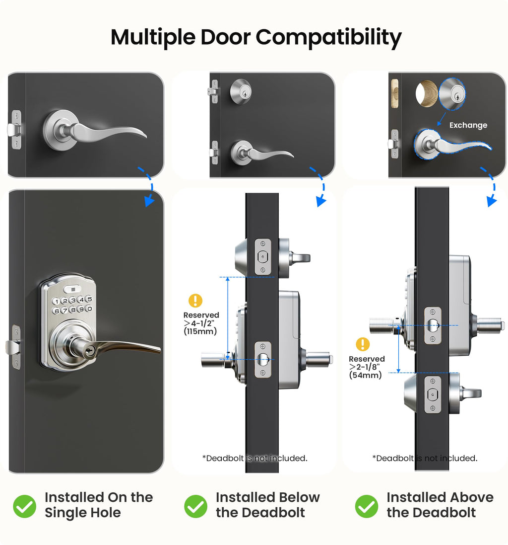 Veise Keypad Door Lock with Handle, Keyless Entry for Front Door & Bedroom, Electronic Lock with Code, Auto-Locking, Easy Installation, Passage Mode, Satin Nickel
