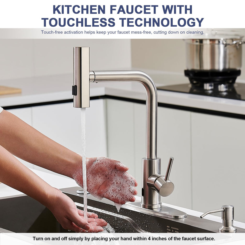 AVSIILE Brushed Nickel Touchless Kitchen Faucets with Pull Down Sprayer & Soap Dispenser, Single Hole & Handle, Pull Out Tap, Waterfall Stainless Steel Sink Faucet for Farmhouse Camper Laundry Rv Bar