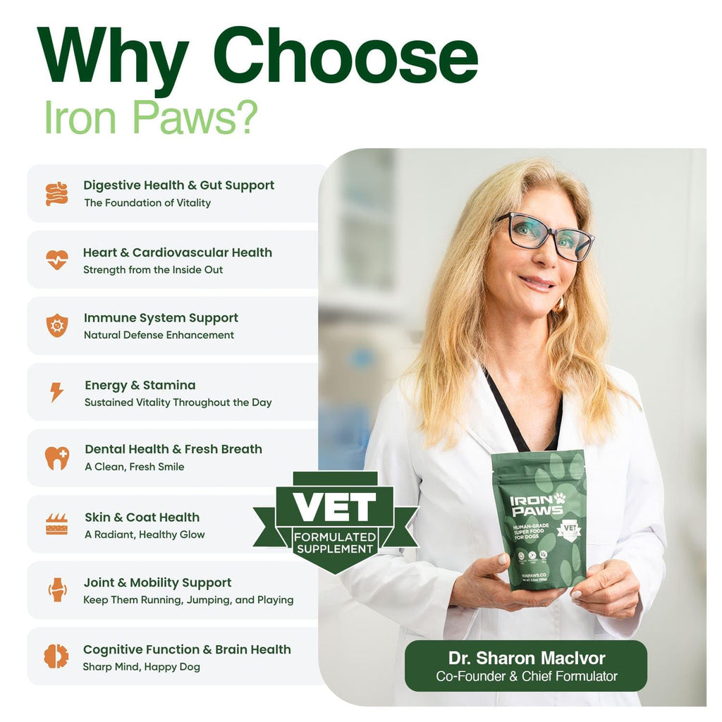 Iron Paws Human-Grade Superfood For Dogs, Premium Greens Powder Supplement For Dental Health, Longevity, Hip & Joint, Gut Health, Allergies, Immune Support, Skin & Coat - 3.5 oz Nutrient Dense Formula