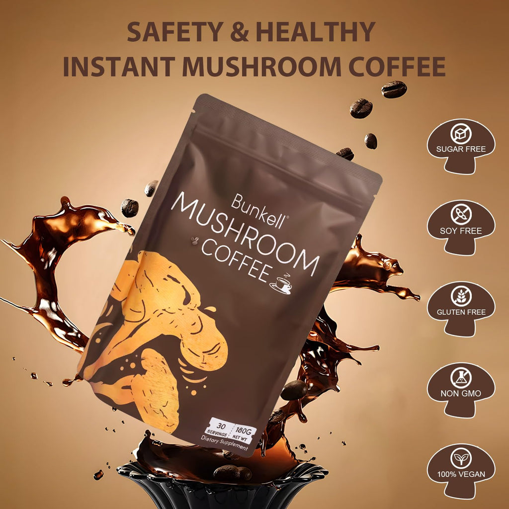 Bunkell Mushroom Coffee, Adaptogenic 6 Mushrooms with Lion's Mane, Reishi, Cordyceps, Shiitake, King Trumpet & Turkey Tail, Instant Coffee Powder for Energy, Digestion & Immune Support, 30 Servings