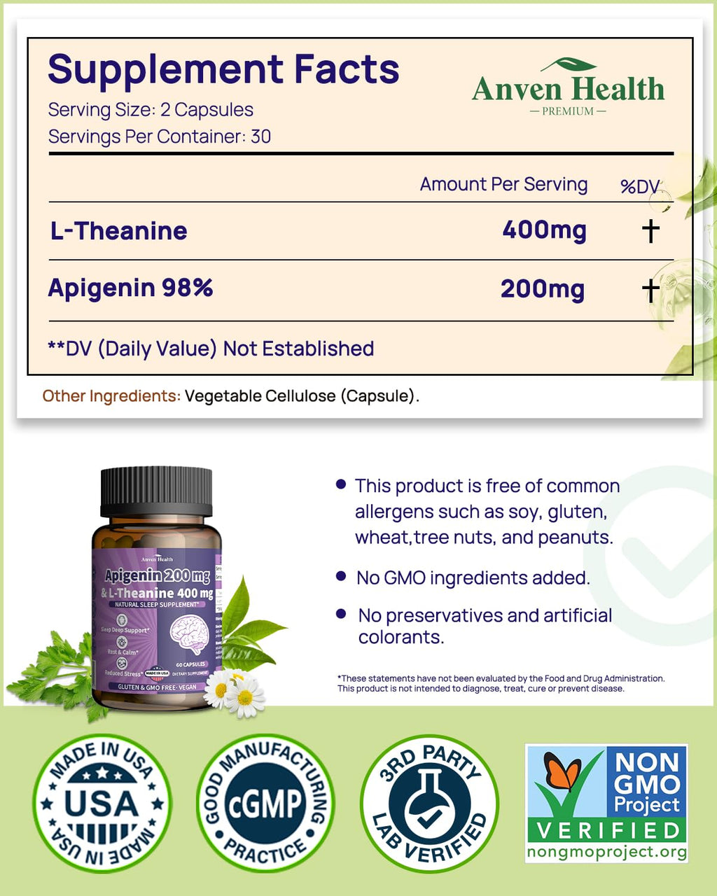 Anven Health 400mg L-Theanine with 200mg Apigenin Supplement for Sleep-Natural Relaxation & Stress Relief - Gluten Free,Non-GMO, Zero Fillers - Made in USA | 60 Veggie Capsules