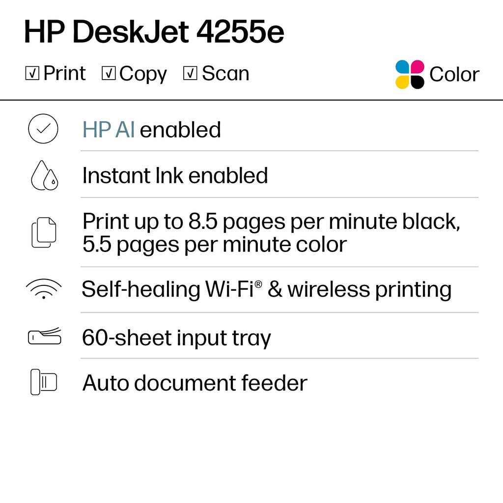 HP DeskJet 4255e Wireless All-in-One Color Inkjet Printer, Scanner, Copier, Best-for-home, 3 month Instant Ink trial included. This printer is only 2.4 ghz capable. AI-enabled (588S6A)