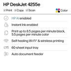 HP DeskJet 4255e Wireless All-in-One Color Inkjet Printer, Scanner, Copier, Best-for-home, 3 month Instant Ink trial included. This printer is only 2.4 ghz capable. AI-enabled (588S6A)