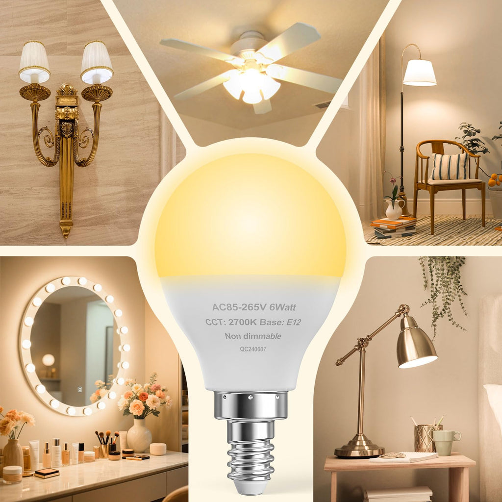 GOSCHE E12 LED Candelabra Light Bulbs, 60 Watt Equivalent, 120V Chandelier Llight Bulb, A15 / G45 Shape Ceiling Fan Light Bulbs, Bright Small Bulb Non-Dimmable, Warm White 2700K, 12 Pcs