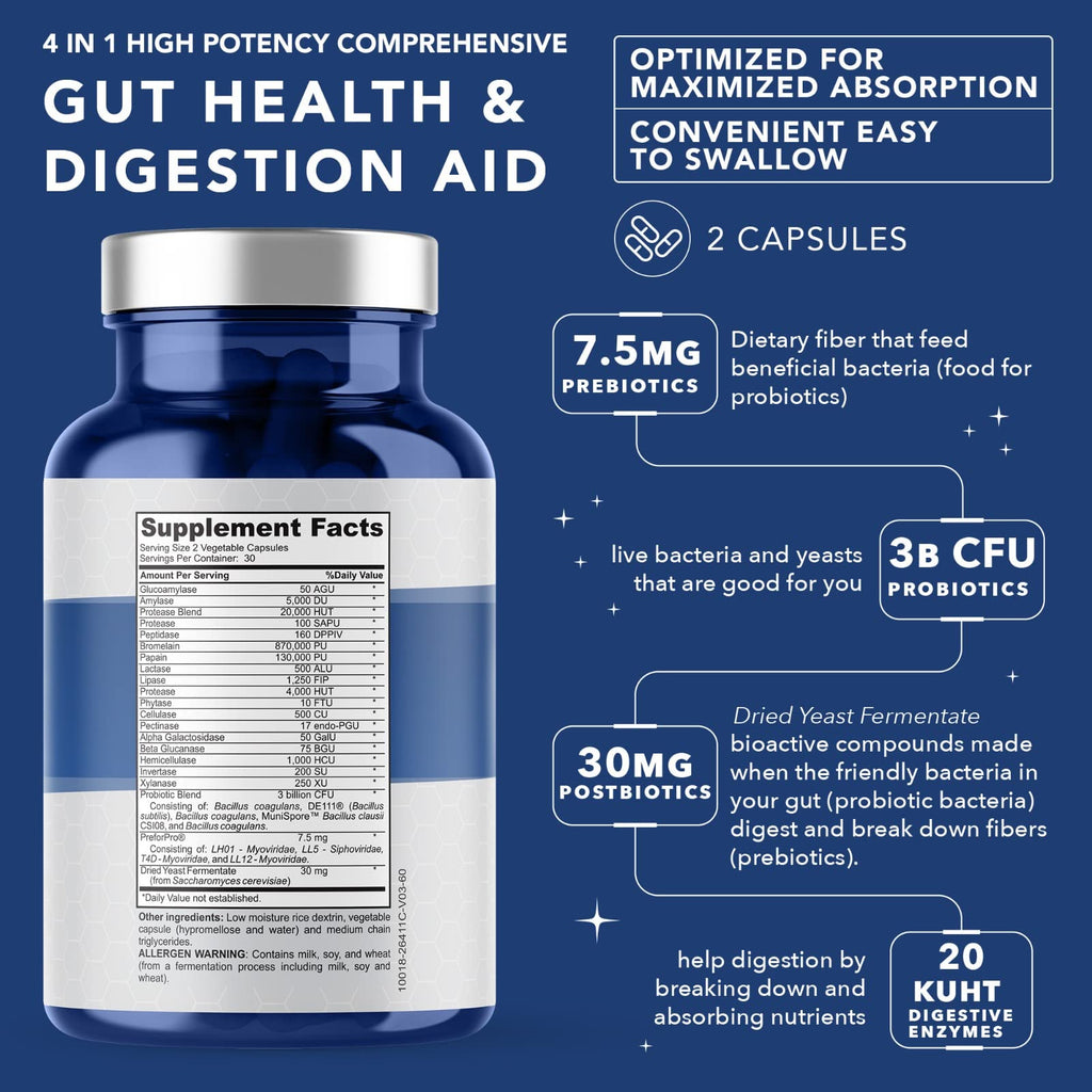 4-in-1 Prebiotic Probiotic & Postbiotic for Women & Men, Complete Gut & Digestive Support Supplement, Pre Post Probiotics & Digestive Enzymes 60 Capsules