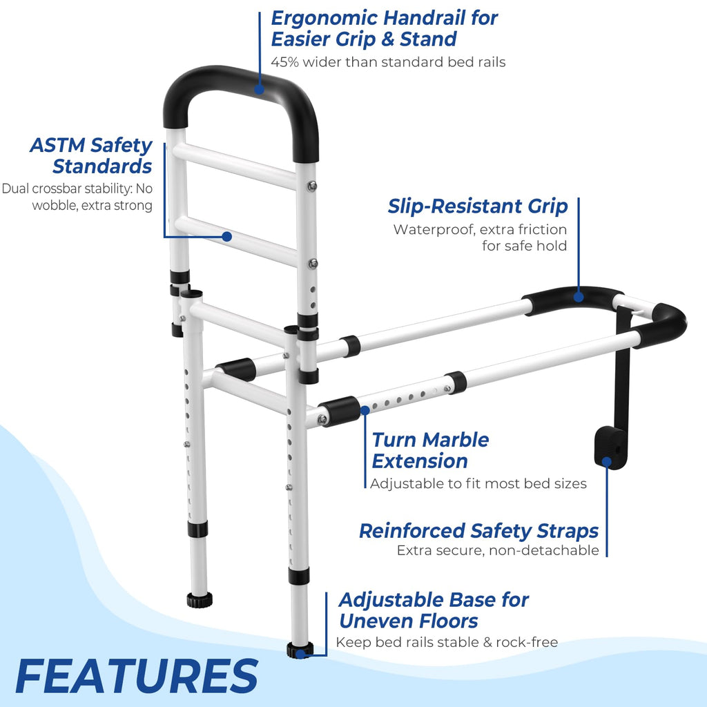 KingPavonini Bed Rails for Elderly Adults Safety 2026 Upgrade, ASTM-Approved Bed Rails for Seniors with Anti-Wobble Adjustable Feet, 400lb Bed Cane, Non-Slip Handle & Storage Bag, No-Tools, Model GS04