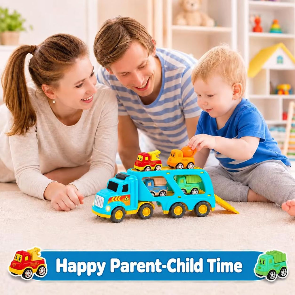 Veslier Toy Trucks for 2 3 4 5Years Old,Construction Transpor Trucks for Toddlers 2-4 Years with 4 Pull Back Cars for Toddlers 2-4,Christmas Birthday Gift for 18M+ 2 3 4 5 Years Old Kids Boys Girls.