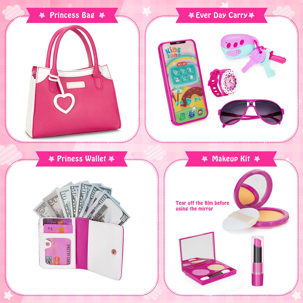 Officygnet Play Purse for Little Girl, Pretend Princess Play Girls Toys for 3 4 5 6 7 8 Year Old, Toddler Purse with Accessories, Kids Toy Purse Birthday for Girls Ages 3-5 4-5 6-8