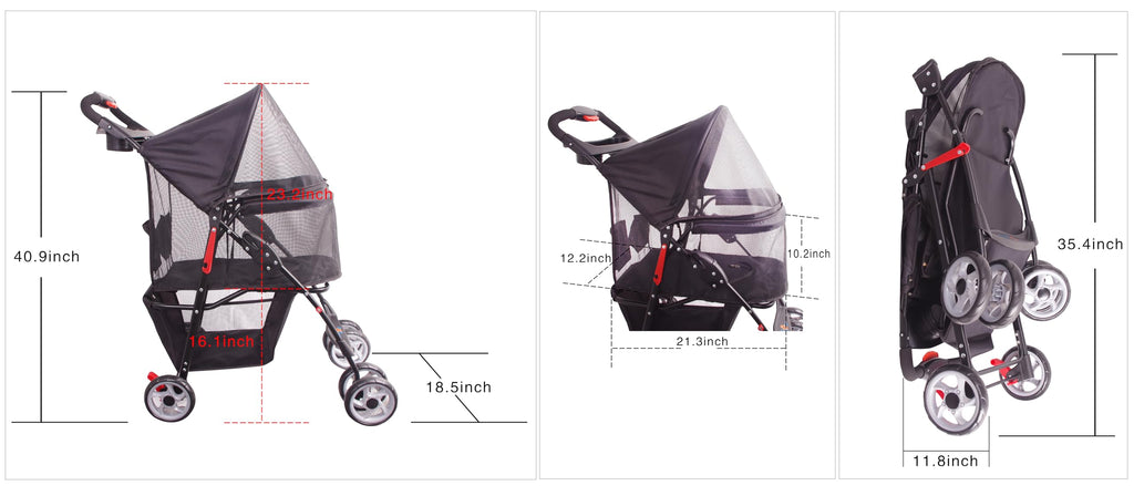 FOURPAW Full-Window pet Stroller 4 Wheels for Cats & Dogs, with Storage Basket,Cup Holder, Travel Puppy/Cats Stroller.