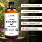 Black Seed Oil Organic Cold Pressed Unrefined Glass Bottle | USDA Certified Organic Black Cumin Seed Oil | High Thymoquinone Omega 3 6 9 | For Immune Support, Joints, Digestion, Hair & Skin | 8 Fl oz