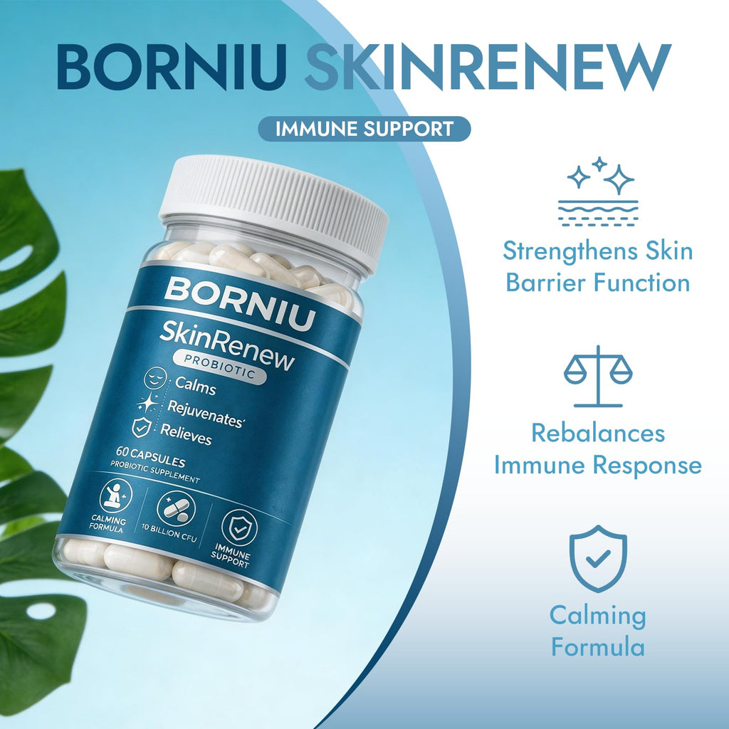 NutraNeo Borniu SkinRenew Probiotic for Gut and Skin Support, 5 Targeted Probiotic Strains Plus Inulin Prebiotic Fiber, Vegan, Non-GMO, 60 Capsules(1pc)