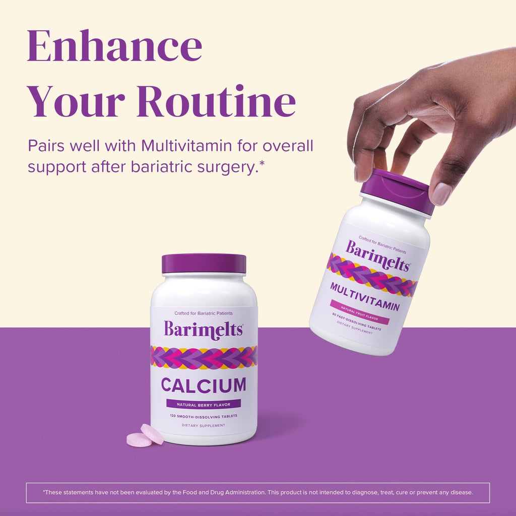 Barimelts Calcium Citrate with Vitamin D3 & Magnesium, 120 Smooth-Dissolving Tablets (1-Month Supply), Bariatric Calcium Supplements for Women, Natural Berry Flavor