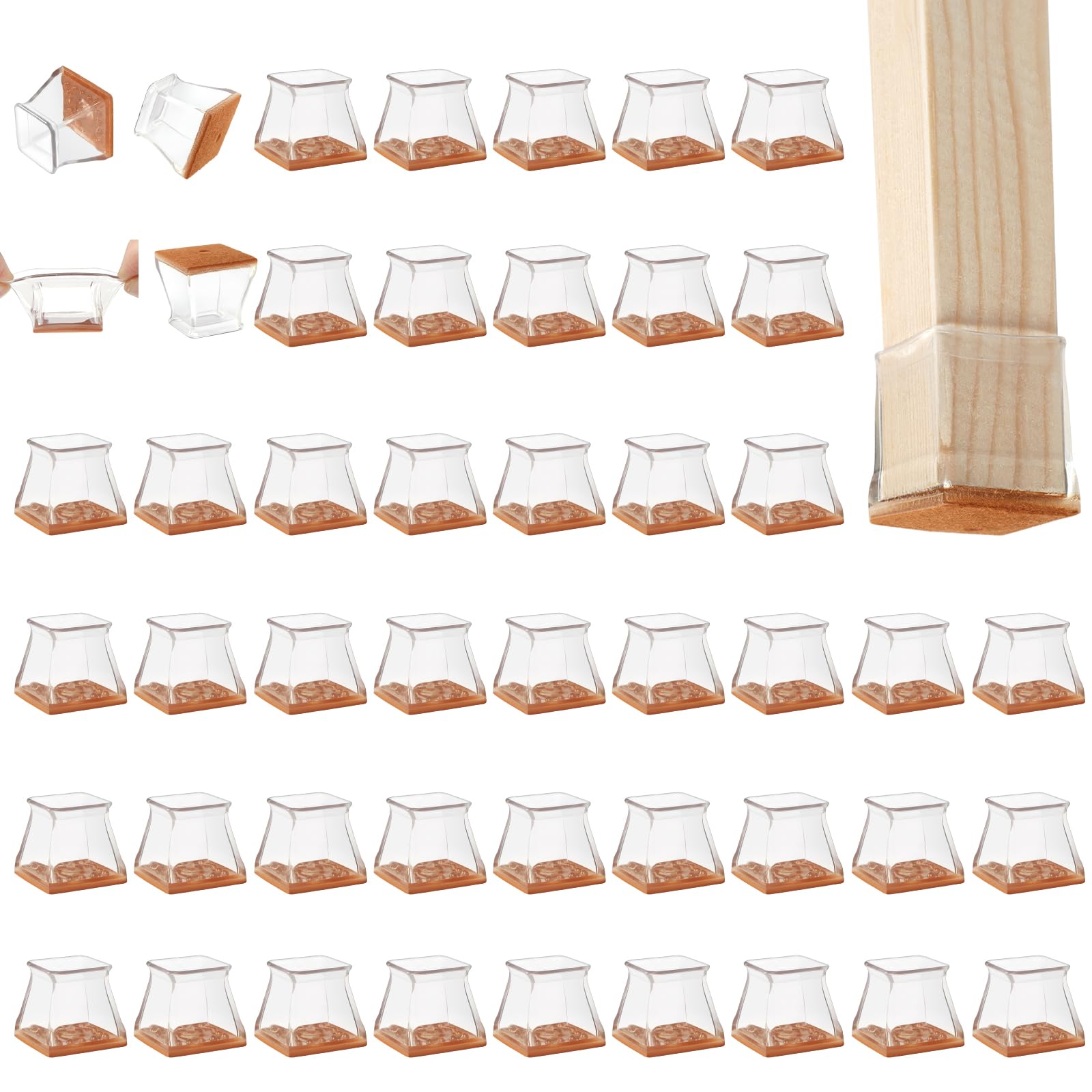 CHUNZEXI 48 Pack Square Chair Leg Floor Protectors for Hardwood Floors, Silicone Felt Covers Pads Caps, Protect Wood Furniture Feet Floors Noise Reduce and Scratch (Square Large)