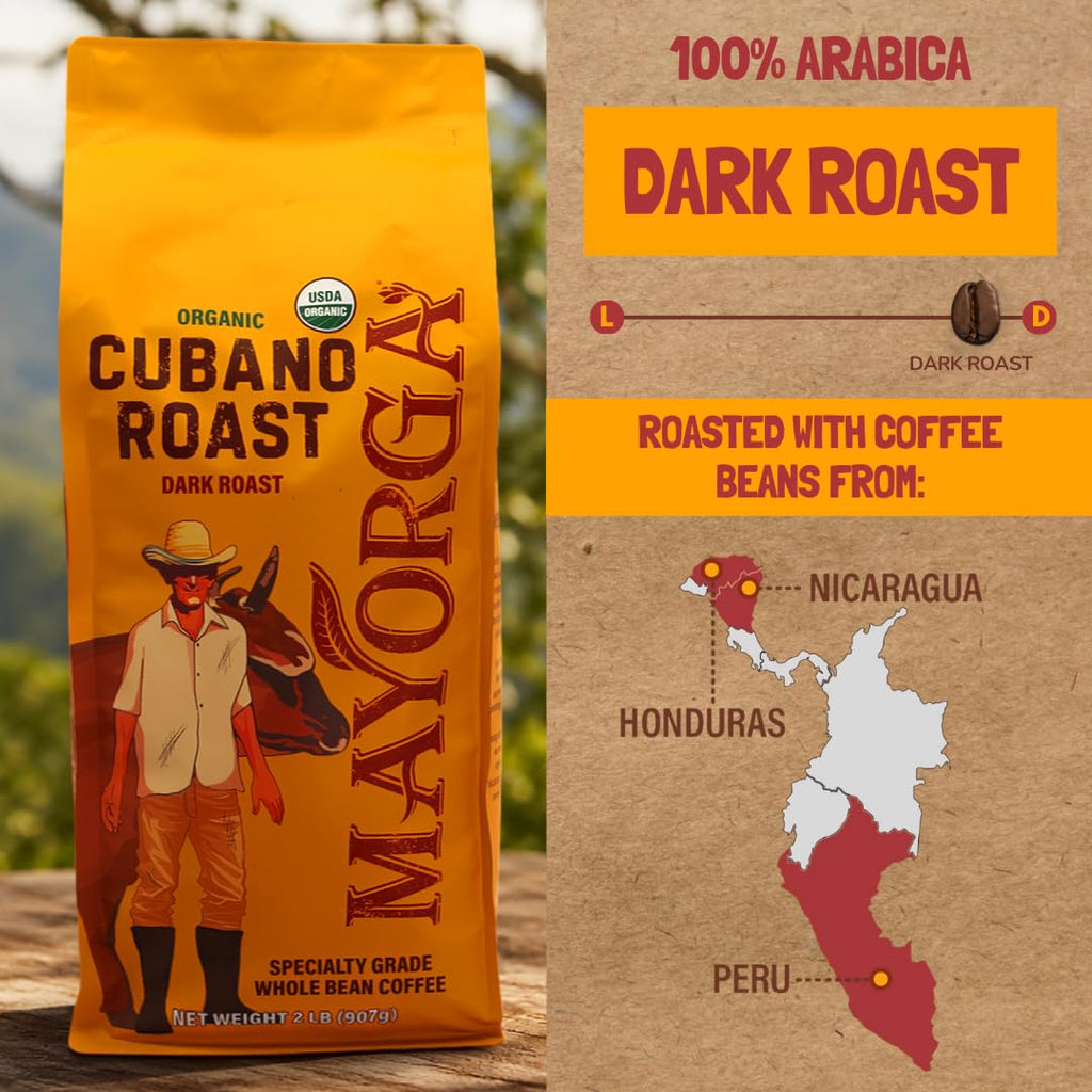 Mayorga Organic Coffee 2lb Cafe Cubano Roast - Dark Roast Whole Bean Specialty Grade Coffee, 100% Arabica, Slow Roasted, Bold and Smooth Flavor with Low Acidity - USDA Organic, Non-GMO, Kosher