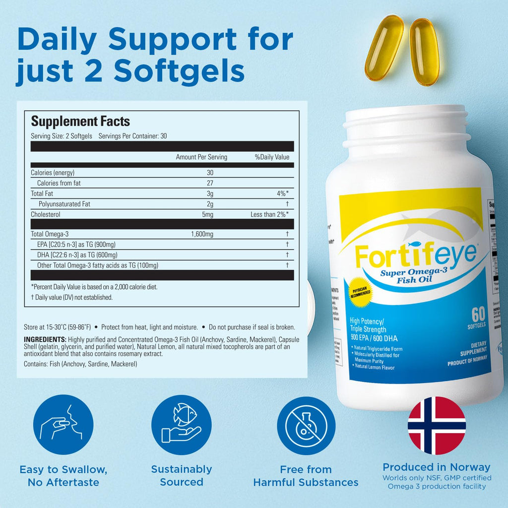 Fortifeye Omega 3 Fish Oil 180Count 1600 mg Made in Norway - High Potency rTG Form Supplement with EPA & DHA, Triple Strength Fish Oil Softgels for Men Women, No Fishy Aftertaste, Natural Lemon Flavor