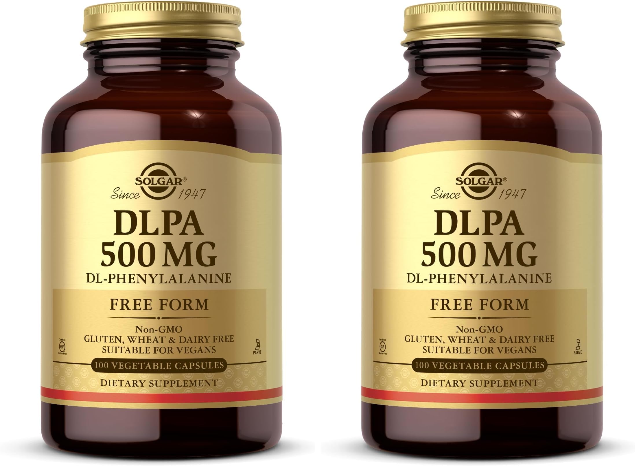 Solgar DLPA 500 mg, 100 Vegetable Capsules - Free Form DL-Phenylalanine - Supports Central Nervous System - Vegan, Gluten Free, Dairy Free, Kosher - 100 Servings (Pack of 2)
