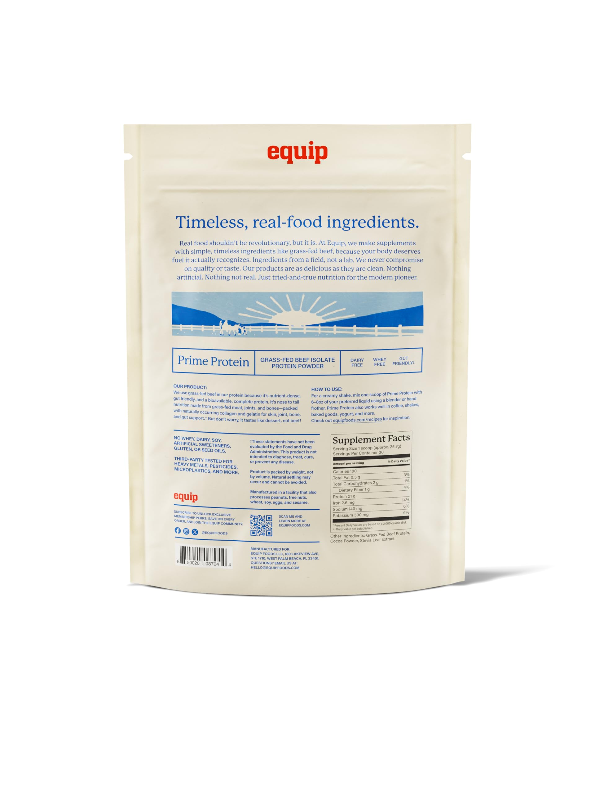 Equip Foods Prime Protein Powder | Clean, Grass Fed Beef Protein Powder | Carnivore Protein Isolate | Paleo, Keto Friendly | Gluten & Dairy Free | Helps Build & Repair Tissue | 30 Servings, Chocolate
