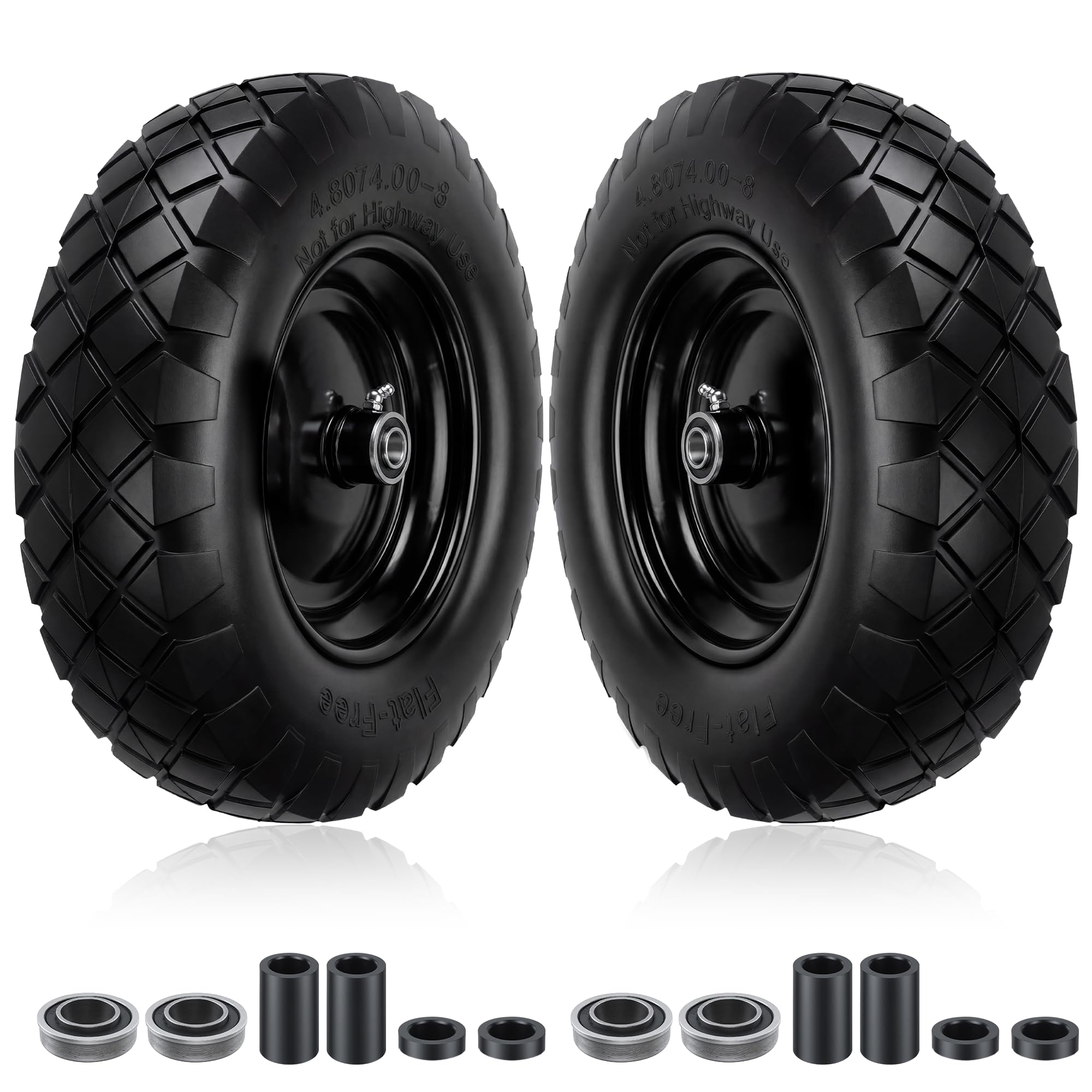 Upgraded 16" Flat Free Wheelbarrow Tire and Wheel, 4.80/4.00-8 Heavy Duty Solid Tire with 5/8" & 3/4" Bearings, 3"-7" Adjustable Hub - Universal for Wheelbarrows, Garden Trailer/Hand Truck - Black