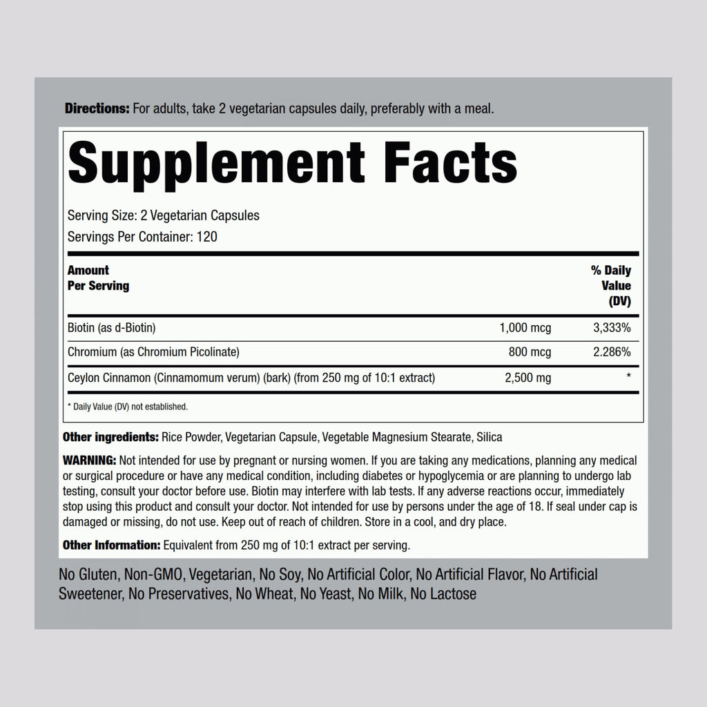 Piping Rock Super Ceylon Cinnamon Complex Capsules | 240 Powder Pills | Extract Supplement with Chromium and Biotin | Vegetarian, Non-GMO, Gluten Free