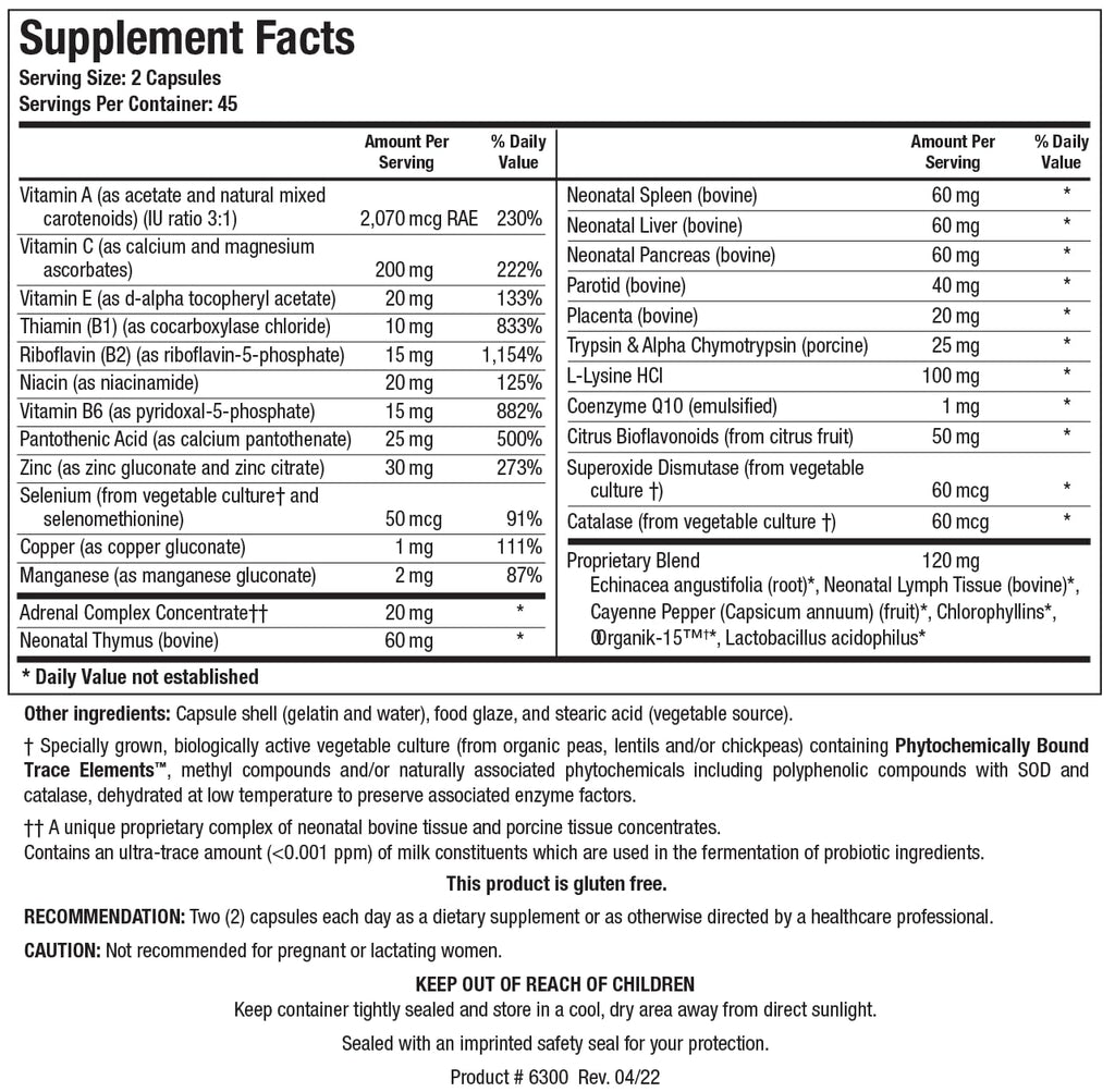 BIOTICS RESEARCH Bio Immunozyme Forte Multivitamin/Mineral to Support Normal, Healthy Immune Function, Echinacea, Cayenne Pepper, Lactobacillus acidophilus, Probiotics, Amino Acids 90 Capsules