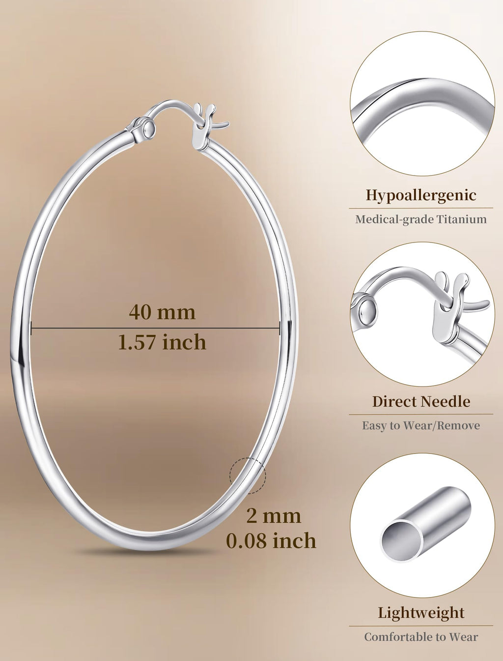 Limerencia Large Titanium Hoop Earrings for Women Hypoallergenic Thin Round Earrings F136 Implant Grade Titanium Hoops for Sensitive Ears(40mm Shiny Grey)
